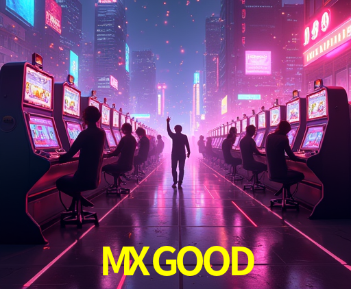 Escena dinámica inspirada en casino con iluminación MXGOOD, cartas, fichas e íconos de juegos digitales en un espacio moderno de juegos.