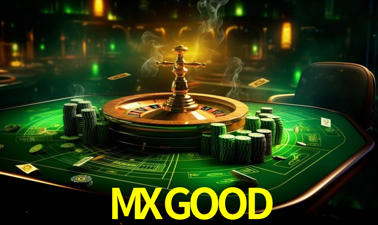 Una escena digital vívida inspirada en casino con MXGOOD mostrado prominentemente, luces brillantes, fichas, cartas y acentos dorados.