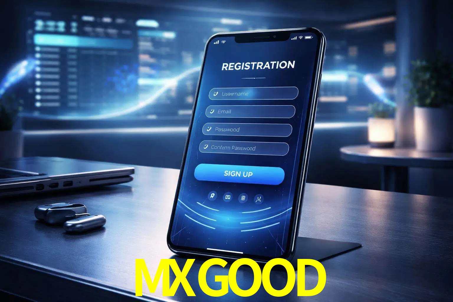 Una interfaz moderna de registro móvil para MXGOOD mostrada en un smartphone con un panel de apuestas elegante.